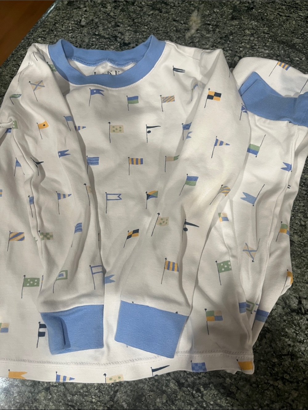 Kids White Pajama Set with Light Blue Trim and Flag Print